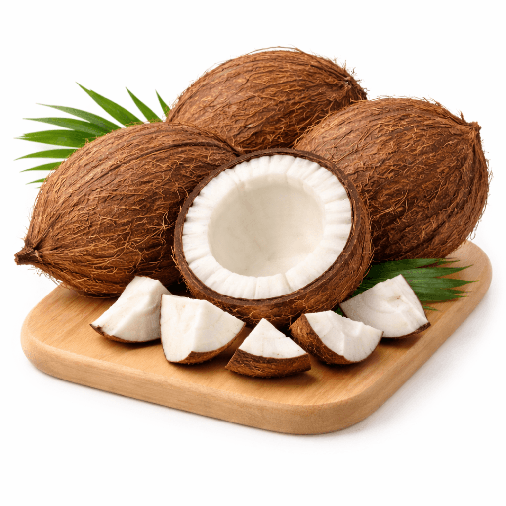 Coconuts and palm leaves on wood Dry Coconut Whole - Image 1