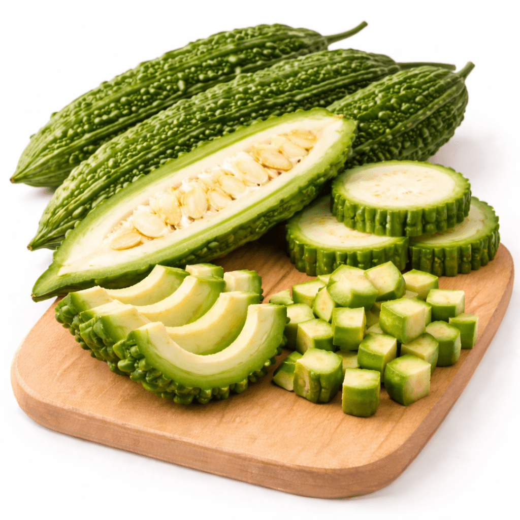 Fresh bitter gourds on cutting board Bitter Gourd - Image 1