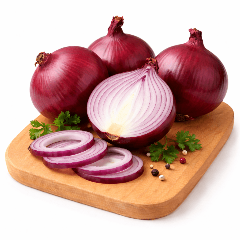 Fresh red onions on a cutting board Red Onions Turkey - Image 1