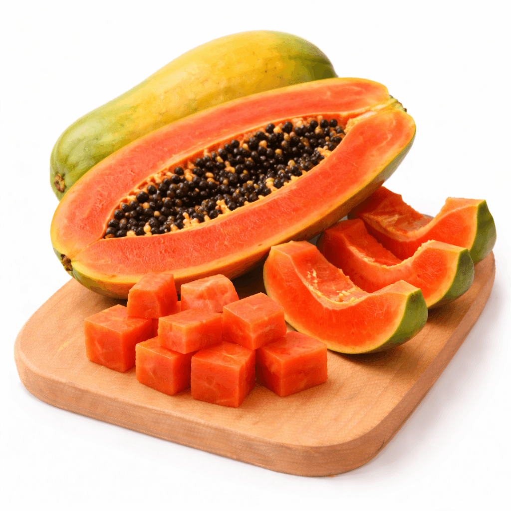 Vibrant papaya on wooden board Papaya Ripe Red Thailand - Image 1