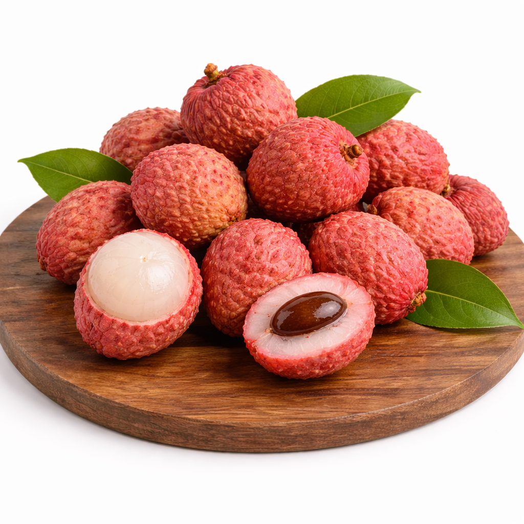Fresh lychees on wooden board Lychee - Image 1